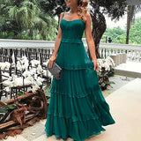 Boho Holiday Prom Dress Spaghetti Strap Sleeveless Floor Length Chiffon with Ruffles HZ1023