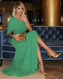 One Shoulder Split Prom Dress Sleeveless Floor Length Chiffon Prom Gown HZ1023