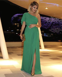 One Shoulder Split Prom Dress Sleeveless Floor Length Chiffon Prom Gown HZ1023