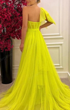 Sweetheart Long Pleated Tulle Evening Dresses One Shoulder Split Prom Dress HZ1023