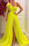 Sweetheart Long Pleated Tulle Evening Dresses One Shoulder Split Prom Dress HZ1023