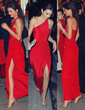 A Line Satin One Shoulder Red Side Slit Prom Dresses Evening Formal Gowns HZ1023