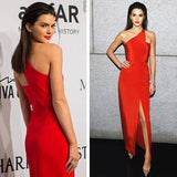 A Line Satin One Shoulder Red Side Slit Prom Dresses Evening Formal Gowns HZ1023