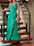 V-neck High Waist Ruffle Irregular Split Dress Long Prom Dress HZ1023