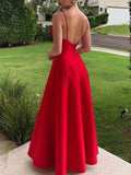 Simple Solid Color Spaghetti-Neck V-Back A-Line Prom Dress HZ1023