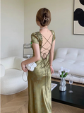 Satin Backless Long Dress Short Sleeve Lace Vintage Bodycon Dress Prom Dress HZ1023