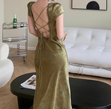 Satin Backless Long Dress Short Sleeve Lace Vintage Bodycon Dress Prom Dress HZ1023