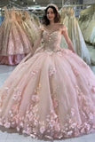 Ball Gown Pink 3D Flowers Off The Shoulder Quinceanera Dresses, Sweet 16 Dresses HZ1023