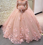 Ball Gown Pink 3D Flowers Off The Shoulder Quinceanera Dresses, Sweet 16 Dresses HZ1023