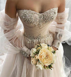 Champagne Sweetheart Strapless Tulle Wedding Dresses, Lace Up Prom Dress Evening Dresses HZ1023