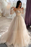 Champagne Sweetheart Strapless Tulle Wedding Dresses, Lace Up Prom Dress Evening Dresses HZ1023