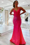 Elegant Hot Pink Mermaid V Neck Long Prom Dress, Backless Sleeveless Formal Dresses HZ1023