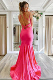 Elegant Hot Pink Mermaid V Neck Long Prom Dress, Backless Sleeveless Formal Dresses HZ1023