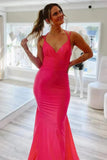 Elegant Hot Pink Mermaid V Neck Long Prom Dress, Backless Sleeveless Formal Dresses HZ1023