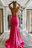 Elegant Hot Pink Mermaid V Neck Long Prom Dress, Backless Sleeveless Formal Dresses HZ1023