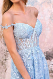 Sky Blue Off The Shoulder Lace Appliques Prom Dress, A Line Sweetheart Dance Dress HZ1023