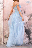 Sky Blue Off The Shoulder Lace Appliques Prom Dress, A Line Sweetheart Dance Dress HZ1023