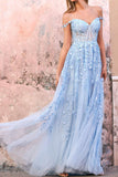 Sky Blue Off The Shoulder Lace Appliques Prom Dress, A Line Sweetheart Dance Dress HZ1023