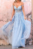 Sky Blue Off The Shoulder Lace Appliques Prom Dress, A Line Sweetheart Dance Dress HZ1023