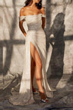 Sparkle Mermaid Off The Shoulder Wedding Gown With High Slit, Shine Dress Wedding Party Dress HZ1023