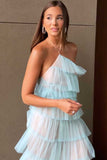 New Style Halter Layered Tulle Pink Prom Dresses HZ1023
