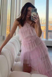 New Style Halter Layered Tulle Pink Prom Dresses HZ1023