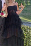 Simple A-Line Layered Tulle Black Prom Dresses, Long Party Dance Dresses HZ1023