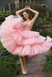 Ball Gown Sweetheart Beaded Crystal Tiered Pink Short Prom Dresses, Homecoming Dress HZ1023