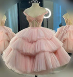 Ball Gown Sweetheart Beaded Crystal Tiered Pink Short Prom Dresses, Homecoming Dress HZ1023