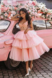 Ball Gown Sweetheart Beaded Crystal Tiered Pink Short Prom Dresses, Homecoming Dress HZ1023