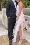 Stylish Pink Tulle Halter Layers Sleeveless Prom Dresses With Slit, Girl Dresses HZ1023