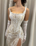 Sexy Sheath Strapless Ivory Lace Prom Dress Evening Dress with Slit HZ1023