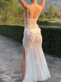 White See-Through High Split Applique Summer Party Dress Gown Backless Prom Dress HZ1023
