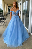 Beautiful Tulle Off the Shoulder Lace Floral Long Prom Dresses, Blue Formal Evening Dresses HZ1023