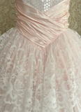 Vintage A Line Strapless Layered Lace Light Pink Satin Long Prom Dress Evening Dress HZ1023