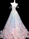 Dreamy A Line Straps Ruffle Sequin Pink Blue Tulle Long Prom Dress HZ1023