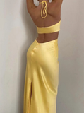 Unique Sheath Spaghetti Strap Yellow Satin Open Back Prom Dress Evening Dress HZ1023