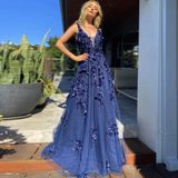 Navy Blue V-neck Applique Prom Dress Elegant Evening Dresses HZ1023