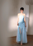 Blue Classy A Line Strapless Sequin Tulle Long Evening Dress Gown Dress HZ1023