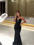 Unique Mermaid Spaghetti Strap Black Sequin Open Back Long Sweep Prom Dress HZ1023