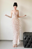 Exquisite Sheath Spaghetti Strap Beaded Tulle Prom Dress Evening Dress Party Dress HZ1023