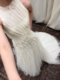 Unique A Line Ivory Layered Chiffon Tulle Long Prom Dress Wedding Dress HZ1023