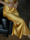 Simple Yellow A Line Spaghetti Strap Satin Open Back Prom Dress Evening Dress HZ1023
