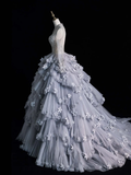 Unique A Line Long Sleeve Flower Tiered Tulle Long Party Dress Evening Dress Ball Gown HZ1023