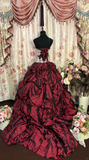 Vintage Burgundy Ball Gown Strapless Pleated White Lace Satin Long Prom Dress Evening Dress HZ1023