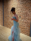 Unique Mermaid Sweetheart Neck Blue Tulle Long Prom Dress Evening Dress HZ1023