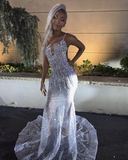 Spaghetti Straps Beaded Sequin Mermaid Evening Dress Silver Prom Dress HZ1023