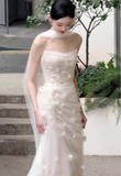 White Sheath Strapless Floral Pleated Tulle Long Prom Dress Wedding Dress HZ1023