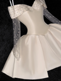 Cute A Line Off the Shoulder Beaded Ivory Satin Tulle Short Homecoming Dress Birthday Dress HZ1023