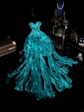 Vintage A Line Sweetheart Neck Blue Ruffle Beaded Organza Prom Dress Party Dress HZ1023